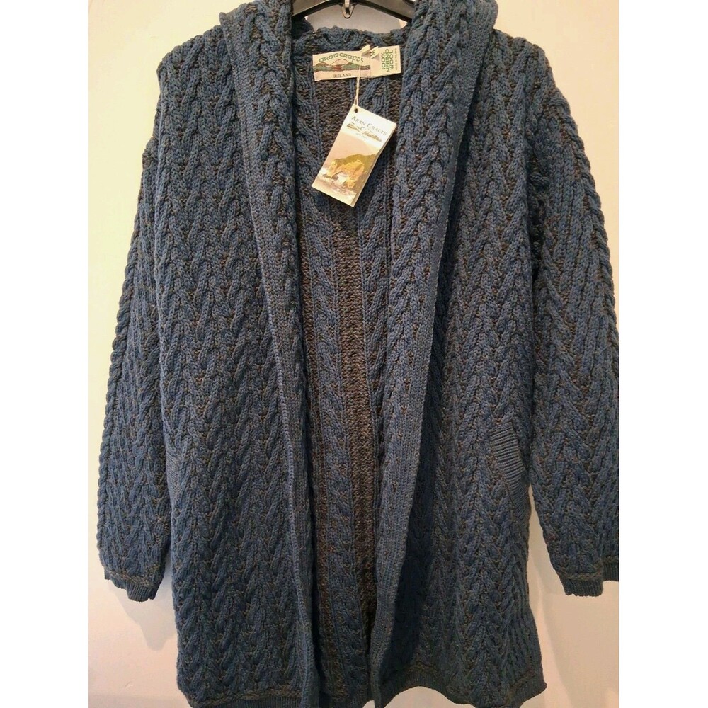 NWT Aran Craft Merino Wool Open Front Cardigan Pockets & Hood Mallard/Grey sz M